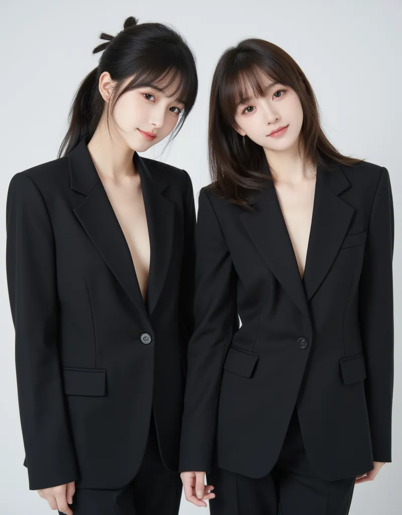 Japanese influencer girl、two-shot photo of 2 people、 charming、best visual、fresh, milky white skin、１Is long black hair with bangs、pins and straight hair、big eyes、Kaname makeup、 slim figure、and is now known as a hot influencer、 real 、20 years old、２Does have ...