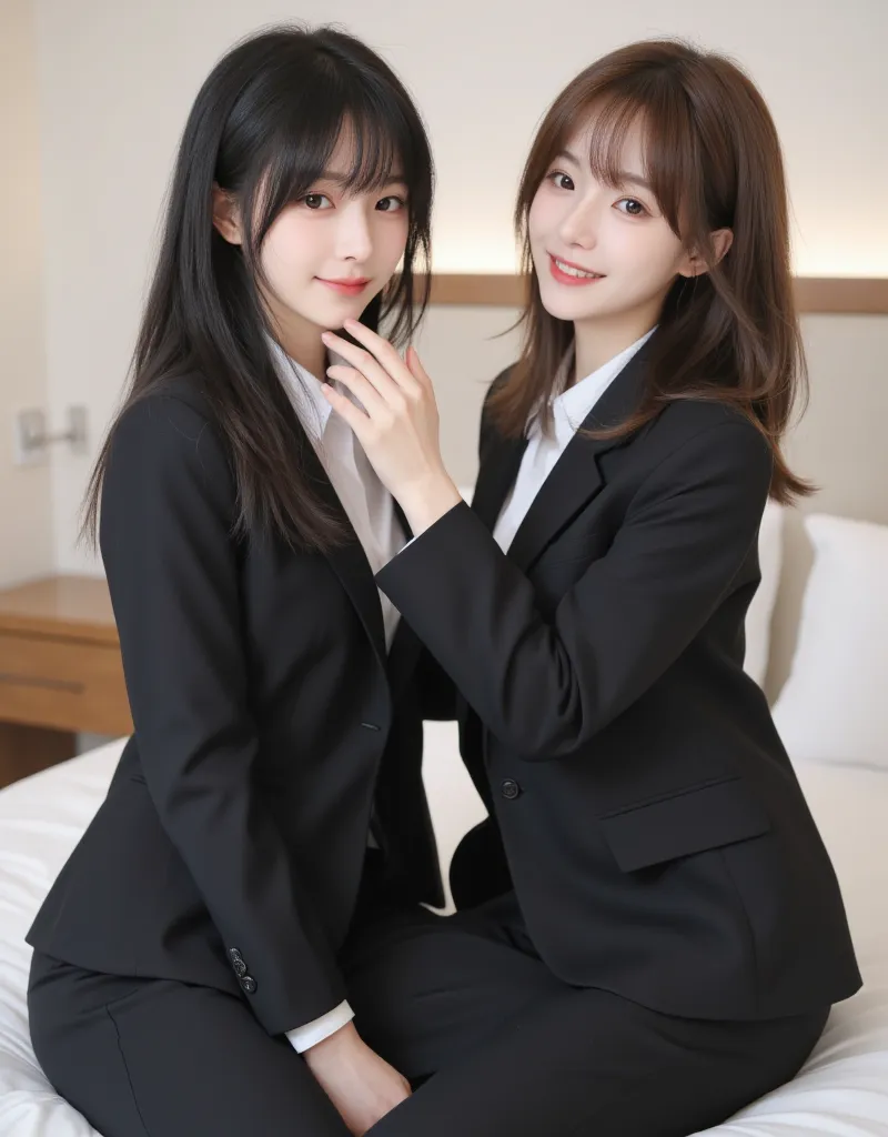 Japanese influencer girl、two-shot photo of 2 people、 charming、best visual、fresh, milky white skin、１Is long black hair with bangs、pins and straight hair、big eyes、Kaname makeup、 slim figure、and is now known as a hot influencer、 real 、20 years old、２Does have ...