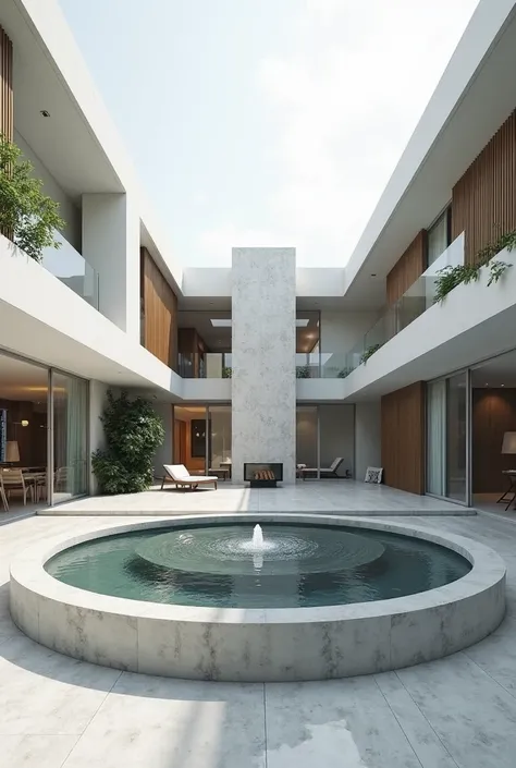 Architectural professional 3D rendering of the design of a very modern and very minimal small circular shaped pond in the middle of the villa courtyard connected to a water fountain and a very modern and very minimal facade that enters a small water pond