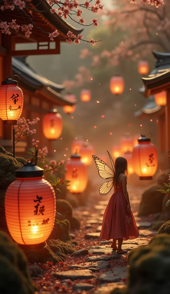 A magical scene featuring traditional Japanese lanterns and floating paper lanterns (bonbori) with flickering magical flames. The lanterns gently illuminate the surroundings with a warm glow, enhancing the enchanting atmosphere of the scene. Delicate fairi...