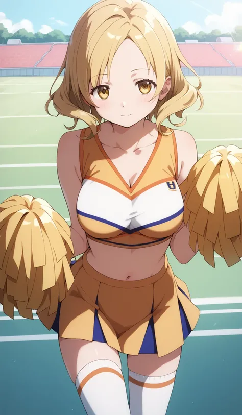masterpiece, best quality, detailed beautiful face and eyes, very detailed background, Mami Tomoe, megami magazine, medium blonde hair, parted bangs, yellow eyes, large breasts, 1girl, cheerleader, midriff, collarbone, thigh socks, school field