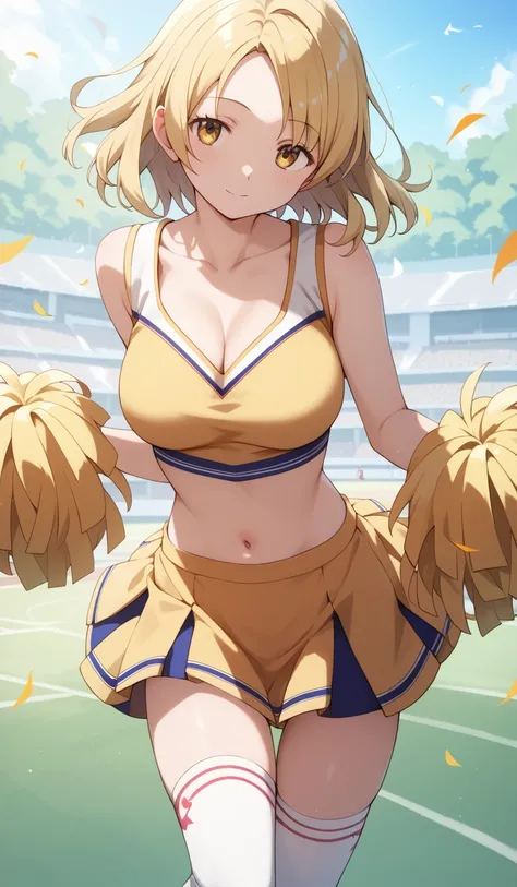 masterpiece, best quality, detailed beautiful face and eyes, very detailed background, Mami Tomoe, megami magazine, medium blonde hair, parted bangs, yellow eyes, large breasts, 1girl, cheerleader, midriff, collarbone, thigh socks, school field