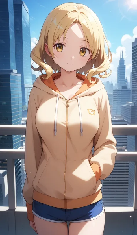 masterpiece, best quality, detailed beautiful face and eyes, very detailed background, Mami Tomoe, megami magazine, medium blonde hair, parted bangs, yellow eyes, large breasts, 1girl, cowboy shot, city, hoodie, collarbone, short shorts