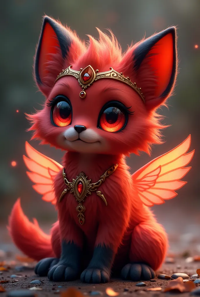 appearance: Hexis is a small being with a mystical and ethereal appearance. Its fur is an intense red shade with black and gold details. Its eyes are bright red and emit a soft glow. It has a pair of small translucent wings with a faint scarlet sheen and, ...