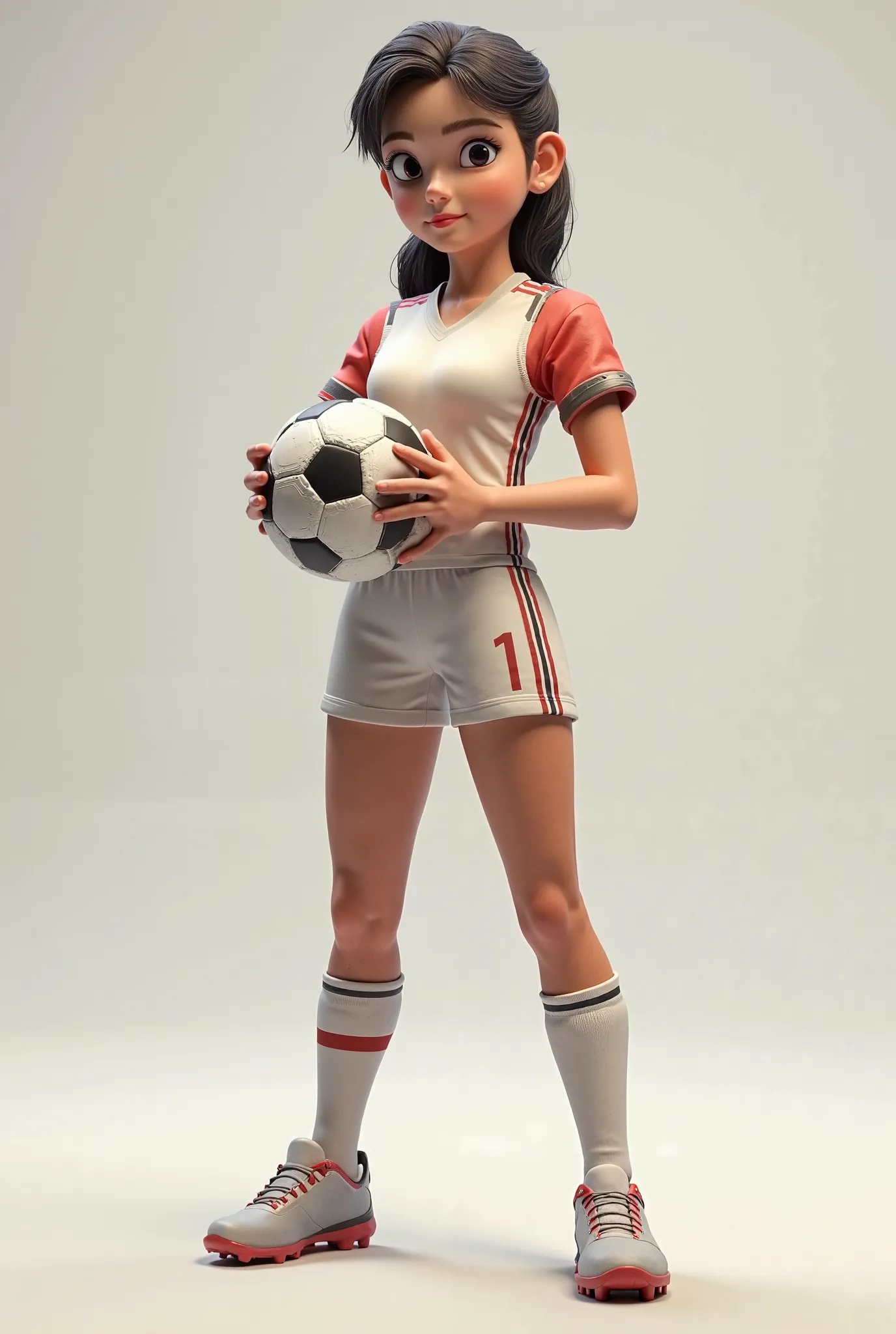 Realistic 3D animated soccer girl model holding a ball with blank background 