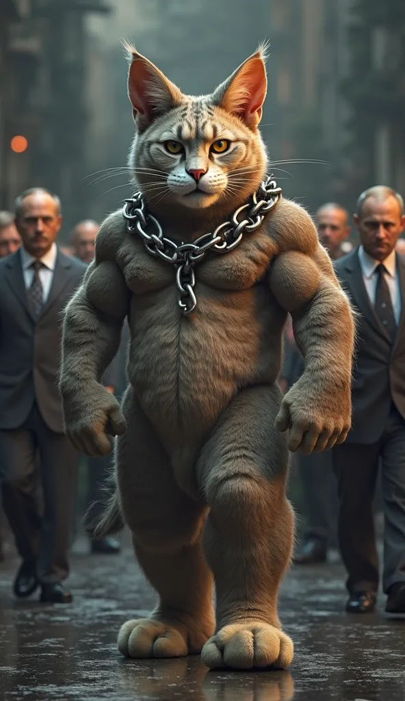 "An extremely muscular, bodybuilder version of Tom Cat from Tom and Jerry, who is at least 40 feet tall, chained around the neck, chain-locked. His large, well-defined muscles give him a powerful and intimidating presence. He is walking with Vladimir Putin...