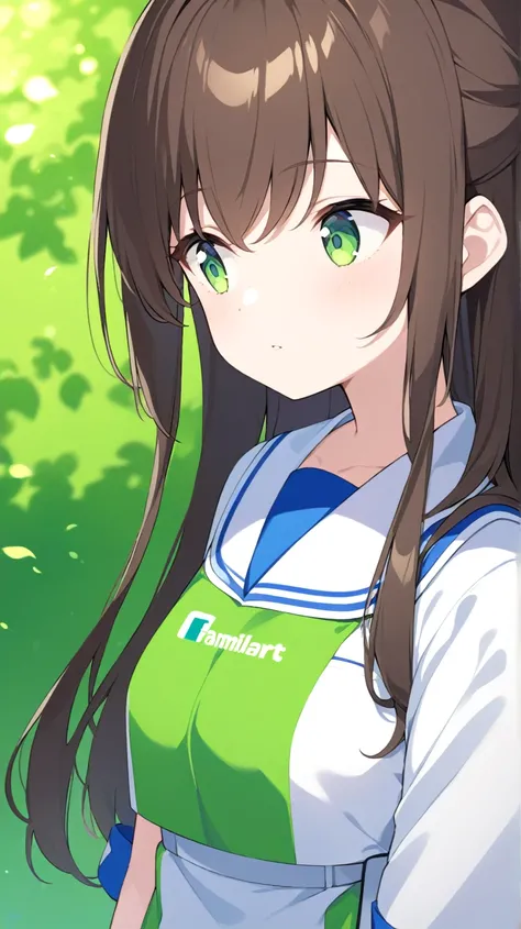 one girl、is facing the front、Combine FamilyMart uniforms with Lawson uniforms、Standing still、green back、hair brown、Light green eyes、Semi-long hairstyle、half up、 no background、background green、