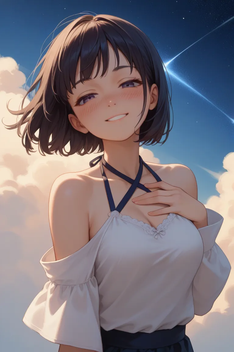 high image quality、Hi-Res、 1girl 、starry sky、 girl looking down at me :2、head tilt:5、 wariza、Strong winds:2.5、blush、 Smile、Thick arms、 hypo、 Black Bob Cut 、Hair Touched by Wind、angle from above:5、medium breasts、purple halterneck、half-closed eyes、leaning fo...