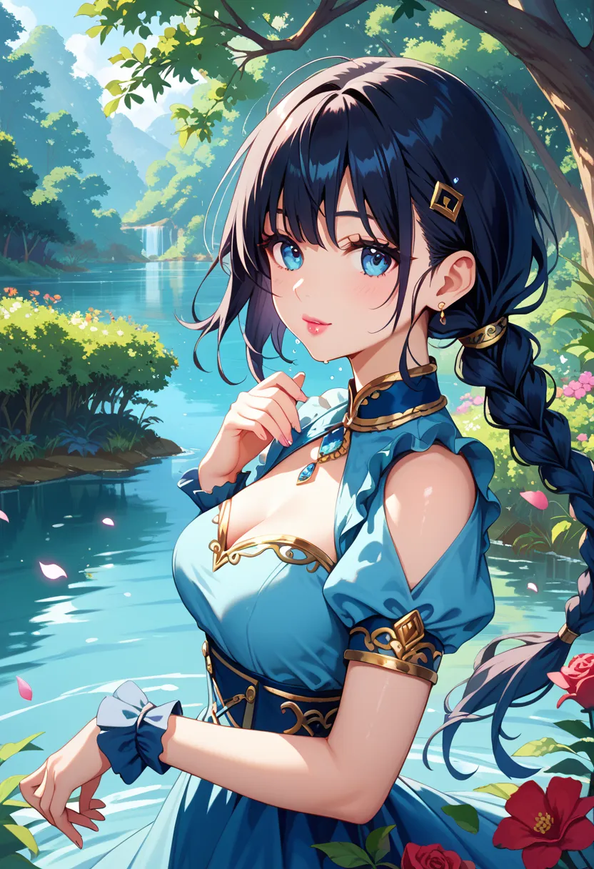 A close-up of a woman with a long silky black braided low ponytail (black hair), next to a sparkling lake in a lush forest, wearing a blue sweetheart crop top (cleavage) with petal sleeves, rosegold details, rosegold arm cuffs, and jewelry. Bright round bl...