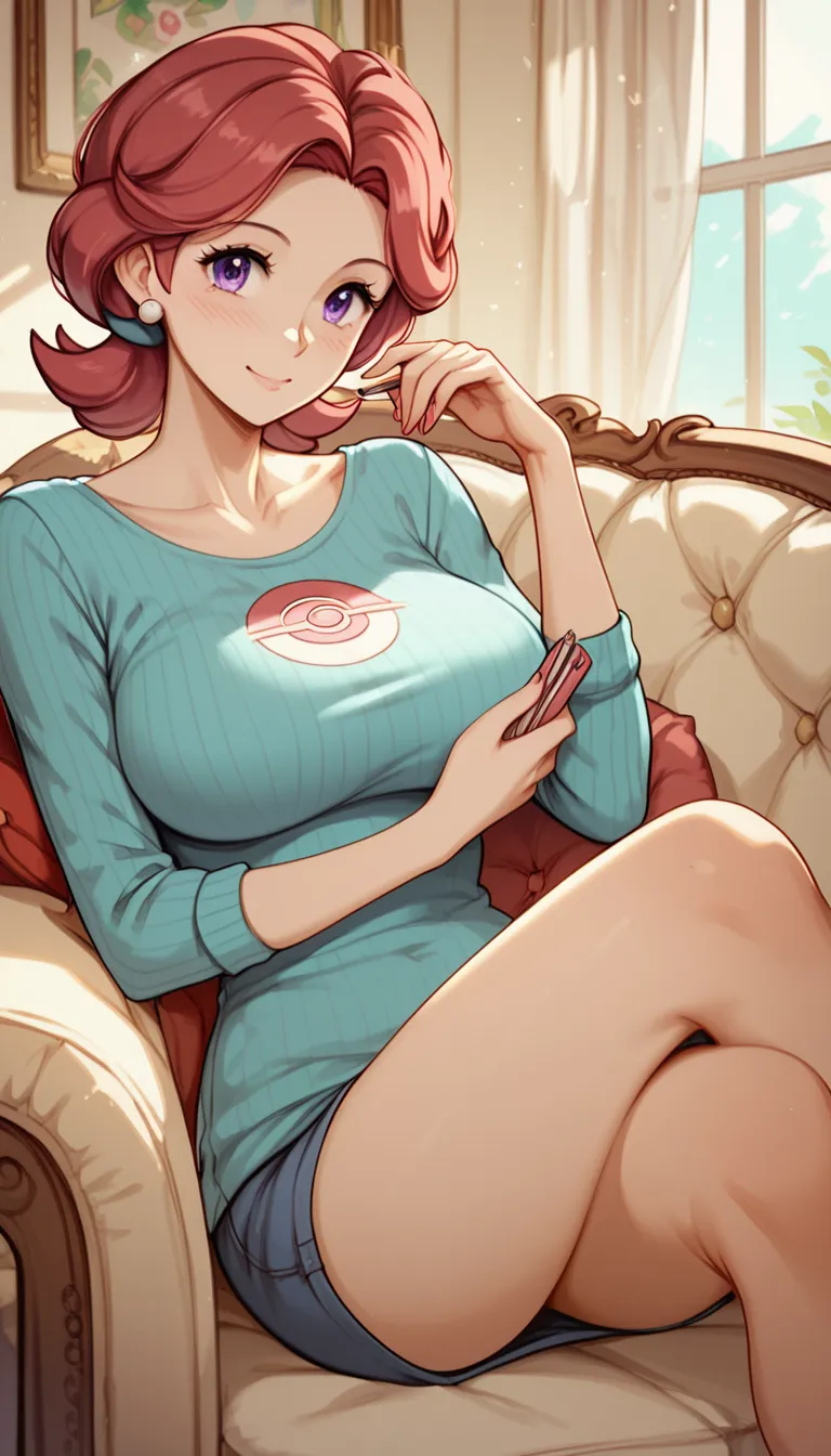 ((Busty Bitches)), score_9, score_8_up, score_7_up, large breasts, (cutesy:1.5),  (Pokemon Mom), my friends milf mom, sitting on couch seductively, reddish hair, purple eyes, (Sexy Photoshoot), (Masterpiece, Best Quality)