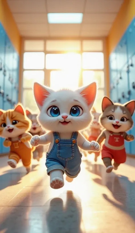 "A highly detailed, 3D-rendered digital image of a group of anthropomorphic cats and animals joyfully running down a bright school hallway. The central character is a white kitten with large blue eyes, wearing blue denim overalls, confidently leading the g...