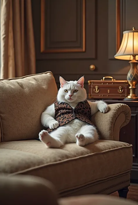 Cat in a vest sitting on the sofa , on a table with a $100 million suitcase