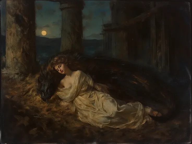 oil painting, a brown-haired princess and her black dragon sleeping together on a castle construction site, a mix of elegance and raw medieval architecture, moonlight casting a soft glow on the unfinished stone walls and wooden scaffolding, detailed textur...