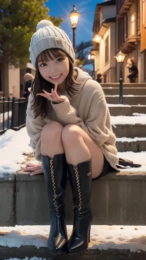  Knee High Heels Boots 、 Snowy Scenery 、sit on a stone staircase in a park in the middle of the city at night、Street lamp light、City lights、Bokeh、cinematic light、soft lighting、 align your toes 、Put on both knees and close、Focus on your toes 、from below、Kni...