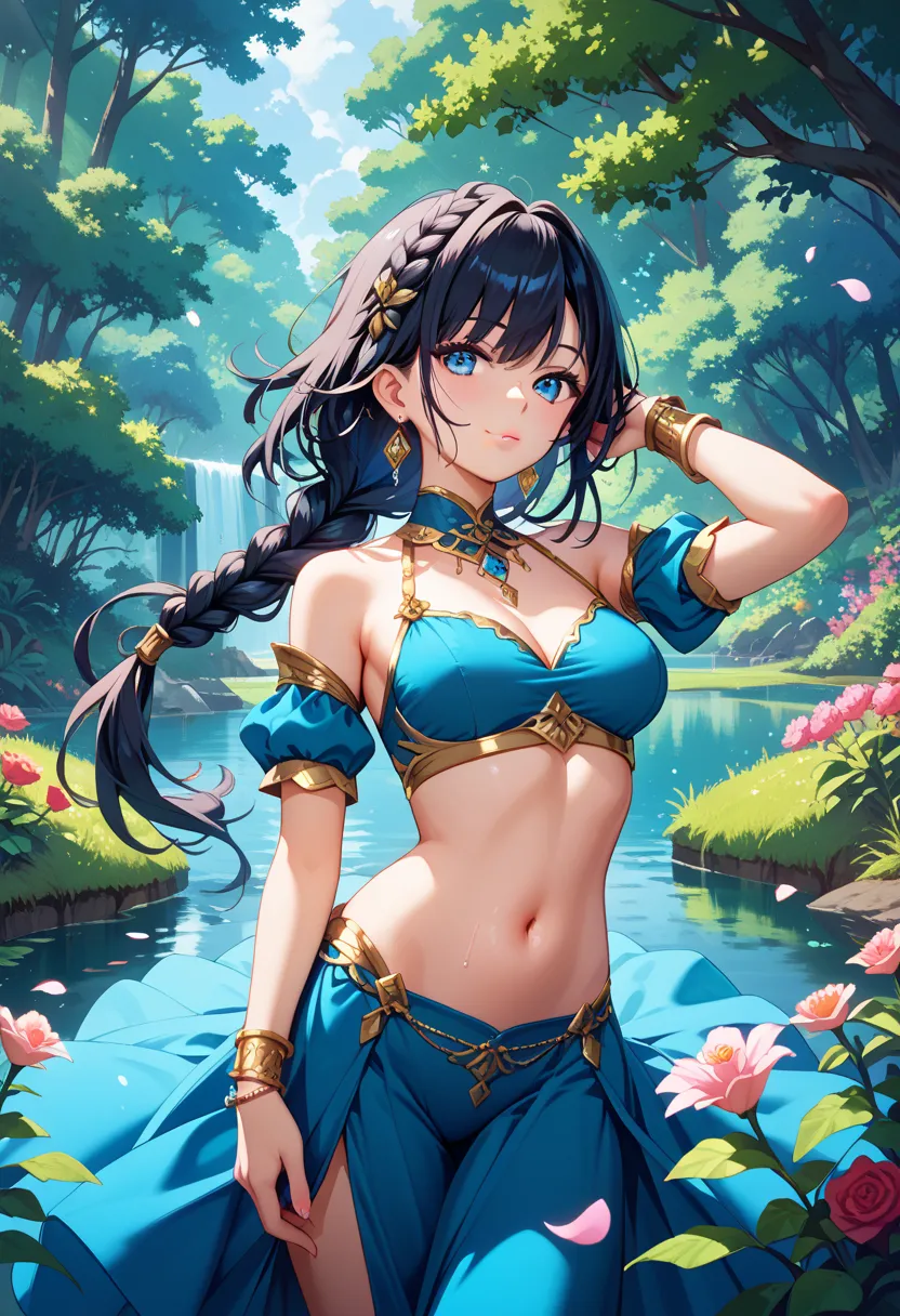 A close-up of a woman with a long silky black braided low ponytail (black hair), next to a sparkling lake in a lush forest, wearing a blue sweetheart crop top (cleavage) with petal sleeves (stomach showing), rosegold details, rosegold arm cuffs, and jewelr...