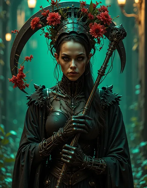 futuristic figure, cyberpunk, front shot, gaze, featuring a black metallic and body with green and yellow accents, She holds an ancient scythe adorned with delicate bloods, draped in flowing black silk fabric, intricate robotic arm details finishes, studio...