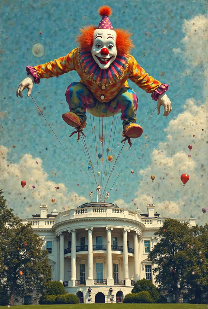 Washington A smiling clown stands in the sky above the White House . He holds strings running through the windows of the oval office