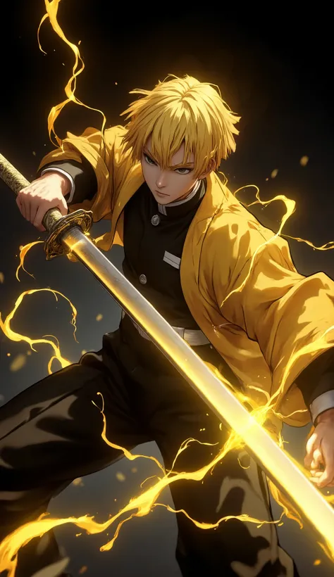 Landscape of a very handsome boy, In the blink of an eye, I can strike you down with deadly silence, (((((Black gradation backdrop)))))!!!!!, (((face exposed)))!!!, (((cowboy shot)))!!!, (((front focus))), (((both your hand hold long sword in front of you:...