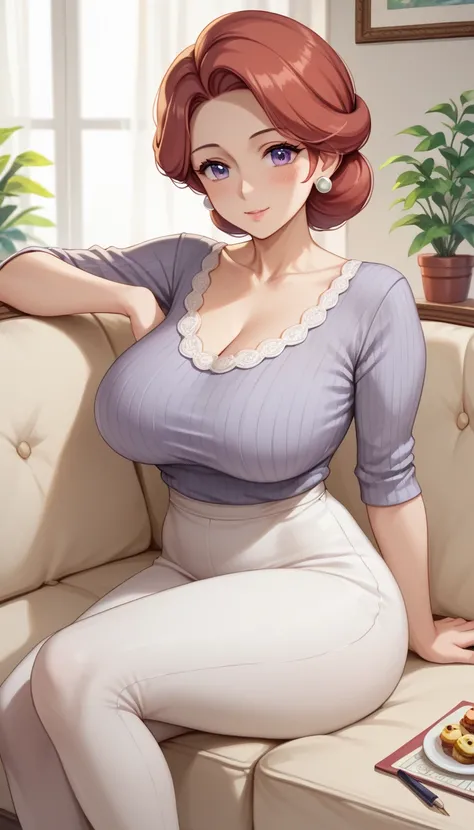 ((Busty Bitches)), score_9, score_8_up, score_7_up, large breasts, (cutesy:1.5),  (Pokemon Mom), my friends milf mom, sitting on couch seductively, reddish hair, purple eyes, (Sexy Photoshoot), (Masterpiece, Best Quality)