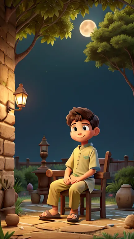 In 3D pixel style, a peaceful night scene with a shining moon, gentle breeze rustling the leaves of a large tree in the courtyard. Beneath the tree, there is a wooden chair. A 30-year-old man sits on the chair, wearing a light brown traditional shalwar kam...