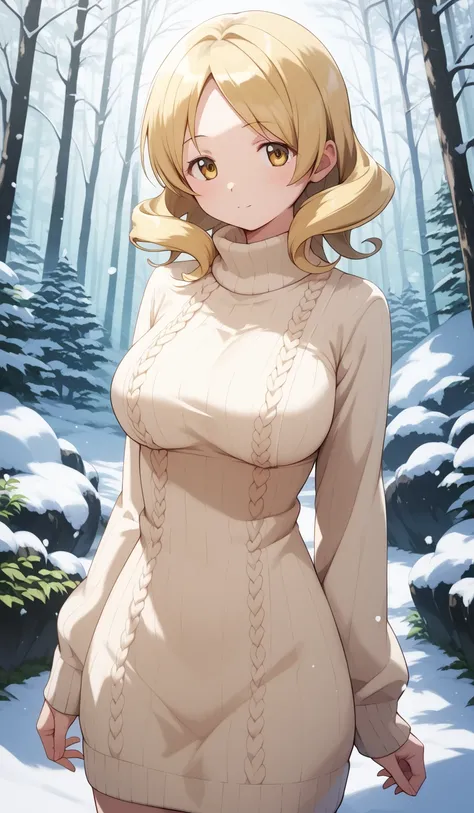 masterpiece, best quality, detailed beautiful face and eyes, very detailed background, Mami Tomoe, megami magazine, medium blonde hair, parted bangs, yellow eyes, large breasts, 1girl, cowboy shot, snowy forest, knit sweater dress