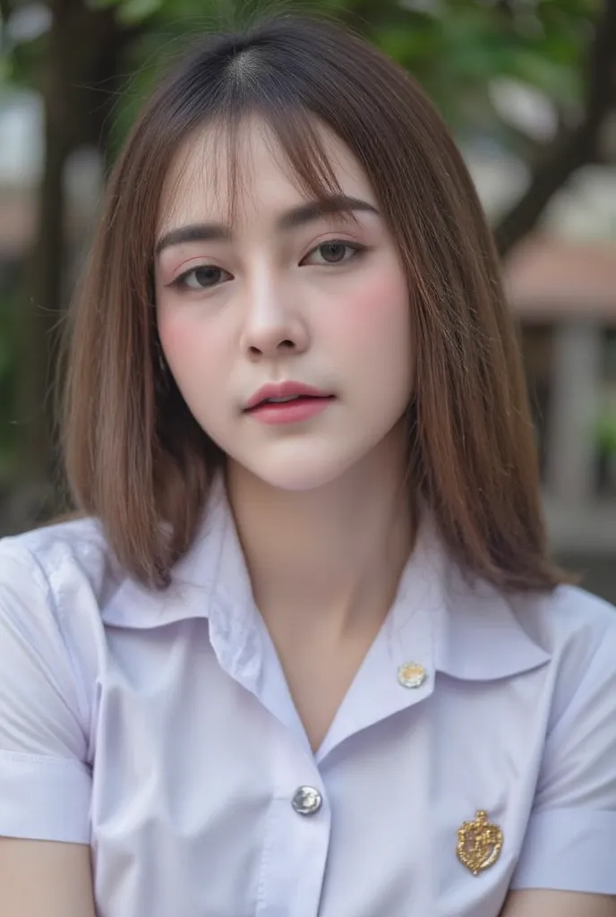 close up face portrait of beautiful woman wearing thai university uniform, professional photo