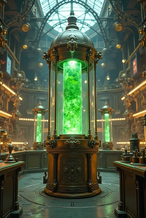 Steampunk style, Interior scene of a biochemical lab with a huge incubation chamber in the centre. Green liquid is inside, there are two tubes of green liquid for transport,, Best quality, 8K