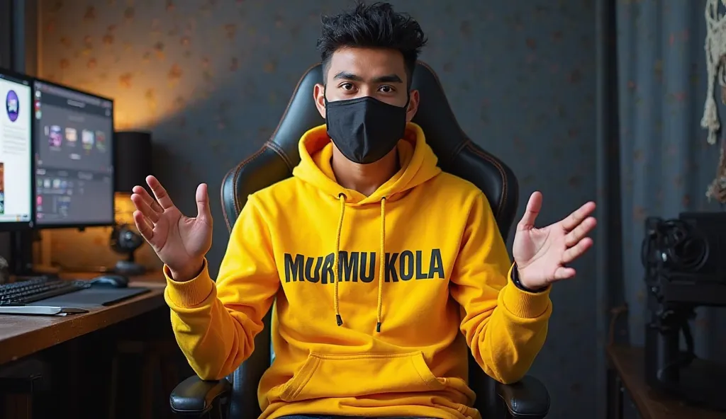 An Indian man sitting confidently on a modern gaming chair in his YouTube studio. He is wearing a bright yellow hoodie with 'XMR MURMU KOLA boldly printed on it. His face is clearly visible and expressive despite wearing a sleek black COVID-19 mask. The ma...