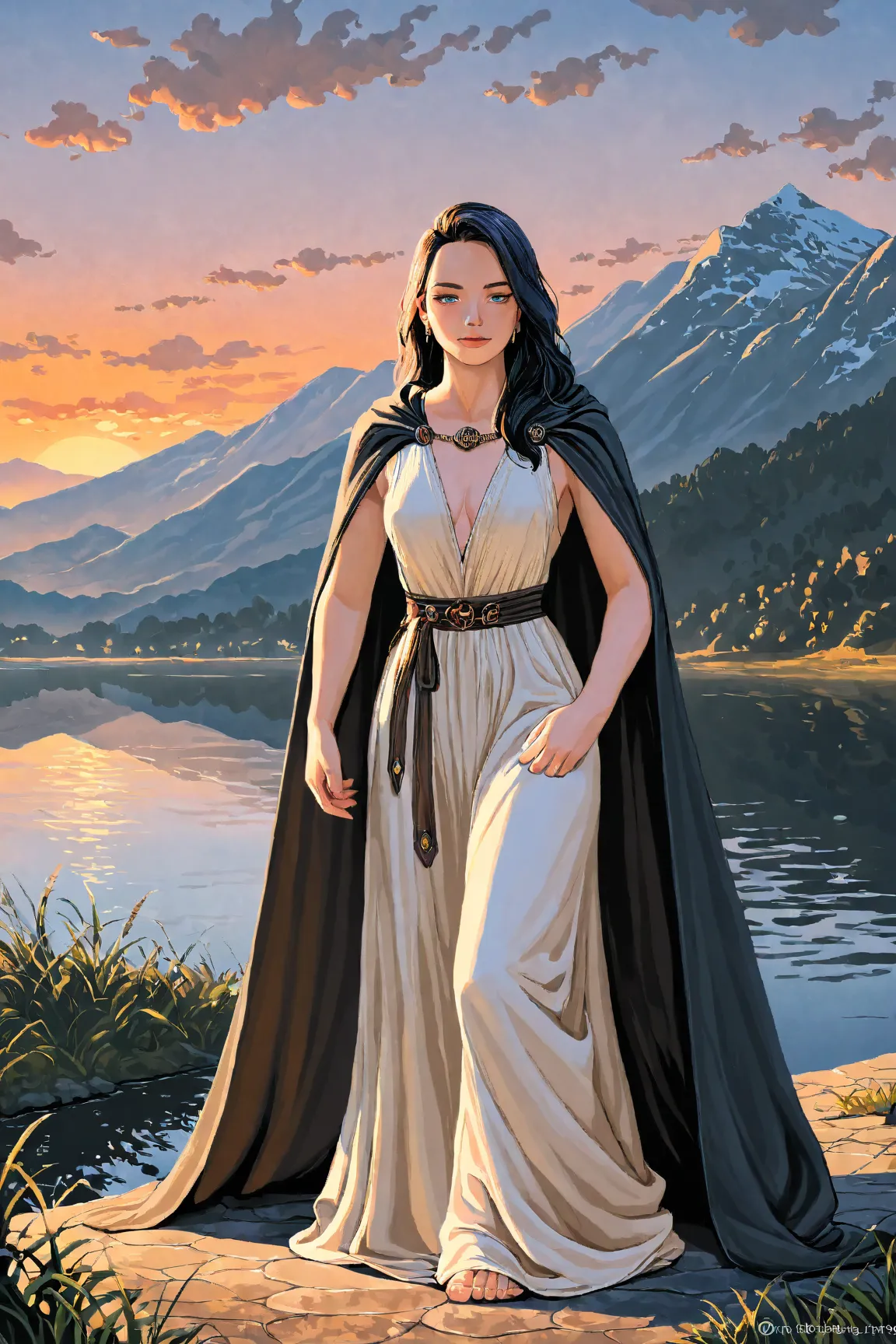 Tall, dragon, silver scails, blue eyes, black hair, clothed, mature, nature, mountains, sunset, human form, female, high quality, realistic, beautiful, medieval clothing, lake, fantasy, masterwork