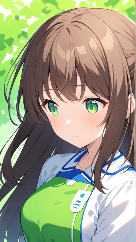 one girl、is facing the front、Combine FamilyMart uniforms with Lawson uniforms、Standing still、green back、hair brown、Light green eyes、Semi-long hairstyle、half up、 no background、background green、