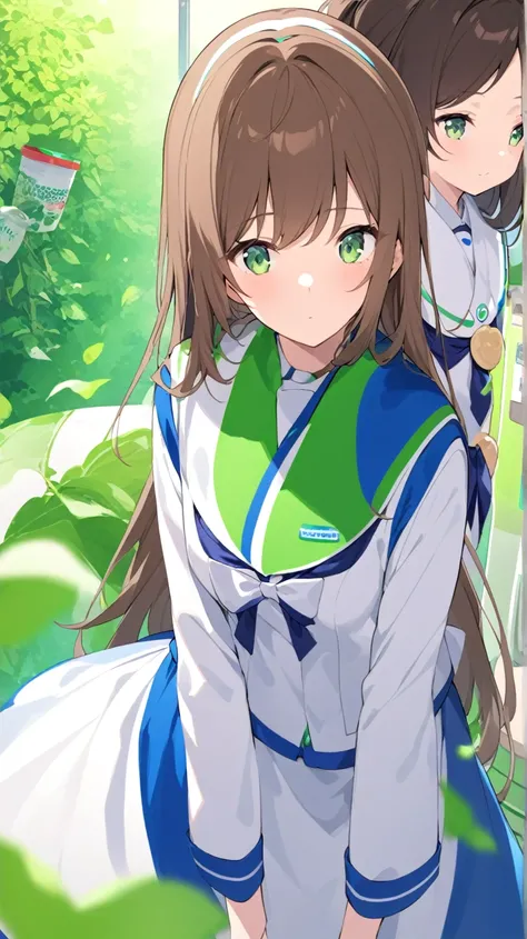 one girl、is facing the front、Combine FamilyMart uniforms with Lawson uniforms、Standing still、green back、hair brown、Light green eyes、Semi-long hairstyle、half up、 no background、background green、