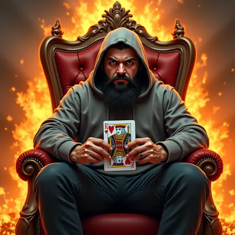 Man in gray streetwear with a hoodie with a big beard of a muslim sitting on a throne pissed off with a king of spades card in his hand. The background of the flaming image 