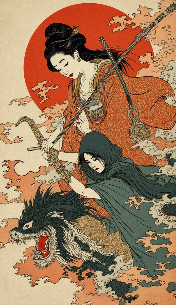 an ukiyo-e depiction of a Beautiful woman playing instrument and half-monster below body fighting against a goddess unknown hooded strawhat swordwoman. both figures have japanese motif of curly cloud swirling on their body. 