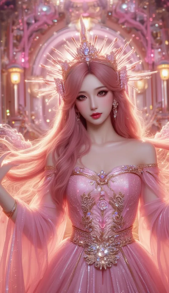 portrait, close-up shot, young woman, long pink-gold hair, soft gentle smile, wearing a glowing pink goddess-like dress, adorned with a pink tiara, ethereal and divine presence, sparkling pink temple in the background, majestic and sacred atmosphere, front...