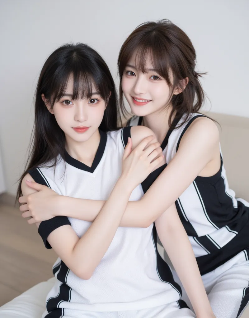 Japanese influencer girl、two-shot photo of 2 people、 charming、best visual、fresh, milky white skin、１Is long black hair with bangs、pins and straight hair、big eyes、Kaname makeup、 slim figure、and is now known as a hot influencer、 real 、20 years old、２has brown ...