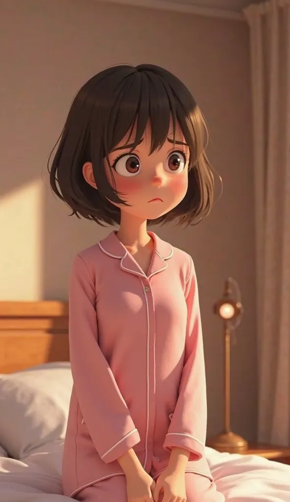 break:  a Japanese woman in her 20s 、 bob cut from behind、 dark brown hair、3D animation style, Pixar-like, DreamWorks-style。  Waking up、Bedhead、 pajamas、painful expression
