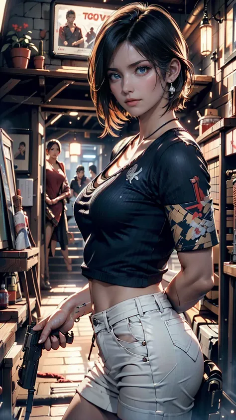  photos, (photorealistic: 1.4), (surreal: 1.4), (Movie-like: 1.5),  female in her 20s, Japan,  woman holding a gun , (Desert Eagle's ), Nikita, night , Blue light, Tension  ,  short hair, Holding a gun with both hands, basement, black t-shirt , Electrical ...