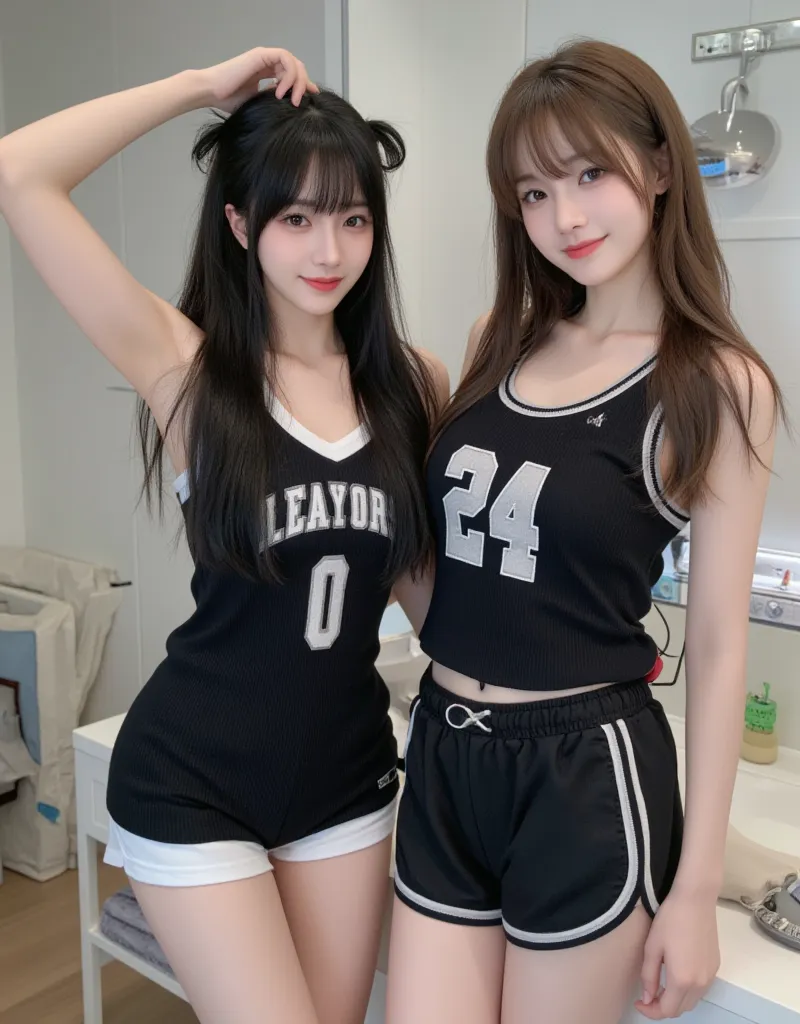 Japanese influencer girl、two-shot photo of 2 people、 charming、best visual、fresh, milky white skin、１Is long black hair with bangs、pins and straight hair、big eyes、Kaname makeup、 slim figure、and is now known as a hot influencer、 real 、20 years old、２Does have ...