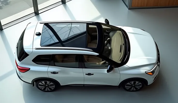 "A top-down view of the 2026 Nissan Pathfinder Concept Vehicle in shiny white, displayed in a luxury showroom. The panoramic glass roof, integrated roof rails, and sculpted hood lines are visible, reflecting showroom lighting. The floating roof effect enha...