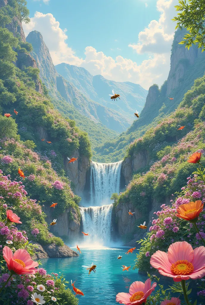 Flowers on the hillside, waterfalls and fish jumping in, bees pollinating flowers 