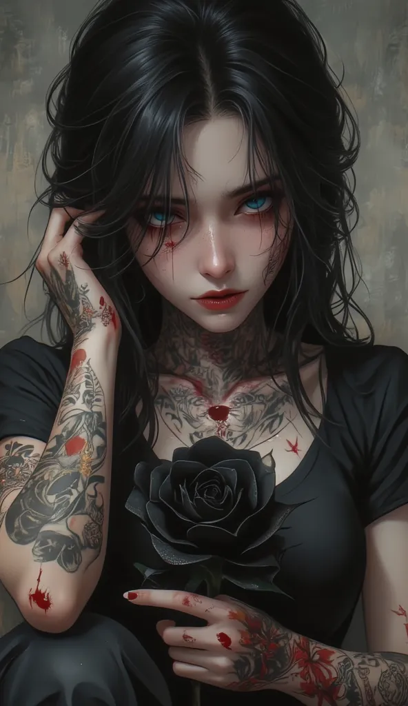 ((masterpiece)), ((Highest quality)), ((Highly detailed composition)), ((Highly detailed texture)), ((4K, 8k))beautiful tattooed girl, wearing a t-shirt posing crying facing the camera, holding a black rose, Black rose covered in blood