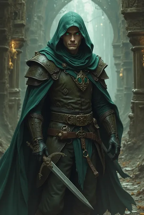 A rogue with pale white skin,Emerald Eyes and a character from Dungeons and Dragons and he's a man