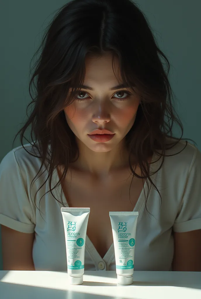 a women staring in two toothpatses, which are put in the table