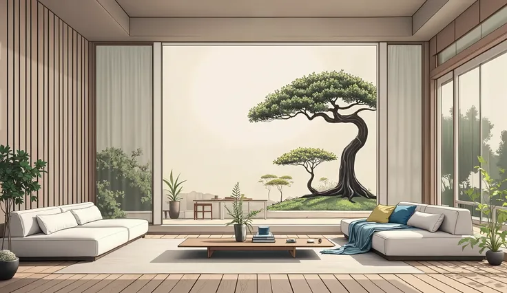 illustration in soft colors predominating , minimalism of a Japanese style living room with window to see the minimalist Japanese garden with bonsai trees, the stage evokes energy and elegance