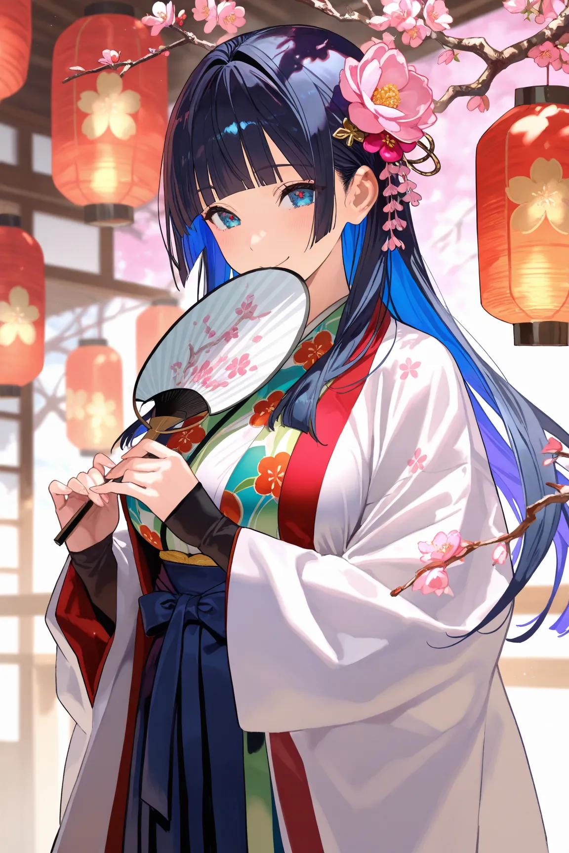  1 woman, (35 years old :1.2),dark blue long hair, blunt bangs, large breasts,slicked back hair,smile,violet inner hair color ,(masterpiece:1.2) ,best quality ,shiny skin, BREAK
ohinasama, japanese clothes, layered kimono, long sleeves, sleeves past wrists...