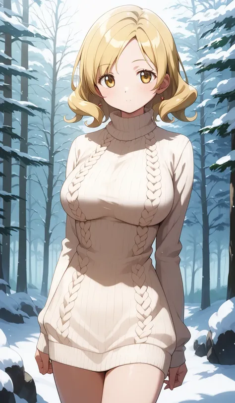 masterpiece, best quality, detailed beautiful face and eyes, very detailed background, Mami Tomoe, megami magazine, medium blonde hair, parted bangs, yellow eyes, large breasts, 1girl, cowboy shot, snowy forest, knit sweater dress, bare legs