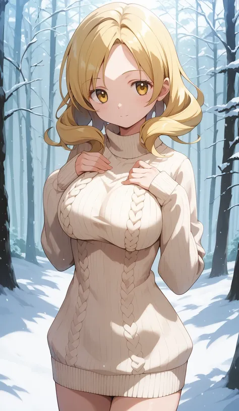 masterpiece, best quality, detailed beautiful face and eyes, very detailed background, Mami Tomoe, megami magazine, medium blonde hair, parted bangs, yellow eyes, large breasts, 1girl, cowboy shot, snowy forest, knit sweater dress, bare legs