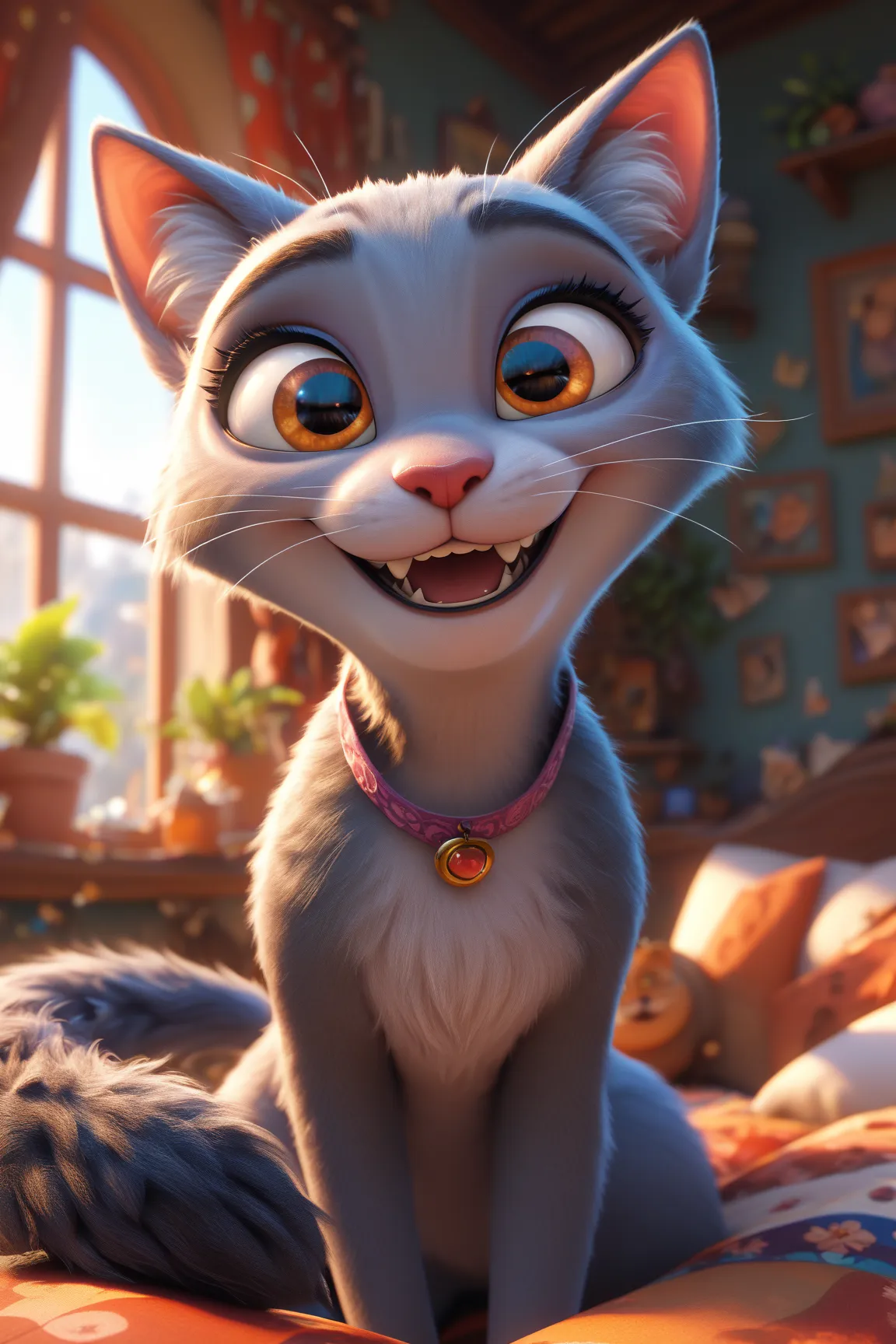 A cat with a big fluffy tail and a big smile on its face, pixar style