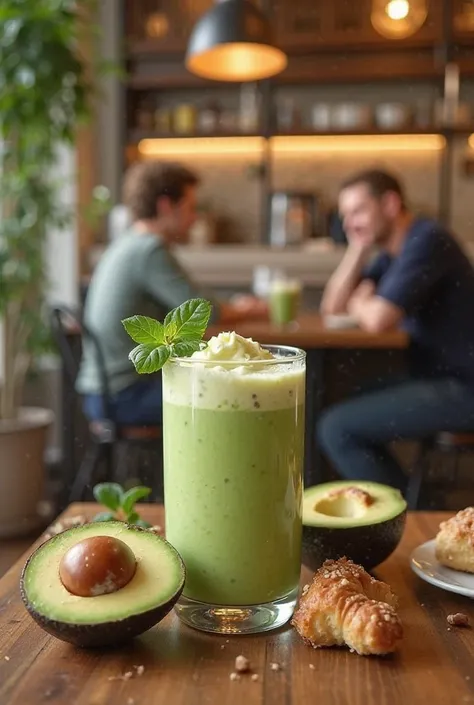 In a coffee shop background, create a advertisement post for a avocado drink