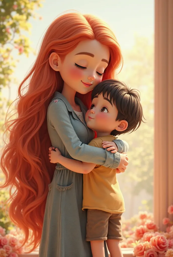 A  girl is a half giant she hugs a  boy he is much smaller than the girl The girl has beautiful long hair a friendly smile the girl really loves the boy the boy is a normal person the girl is a half giant she gently hugs the boy up and squeezes him tight c...